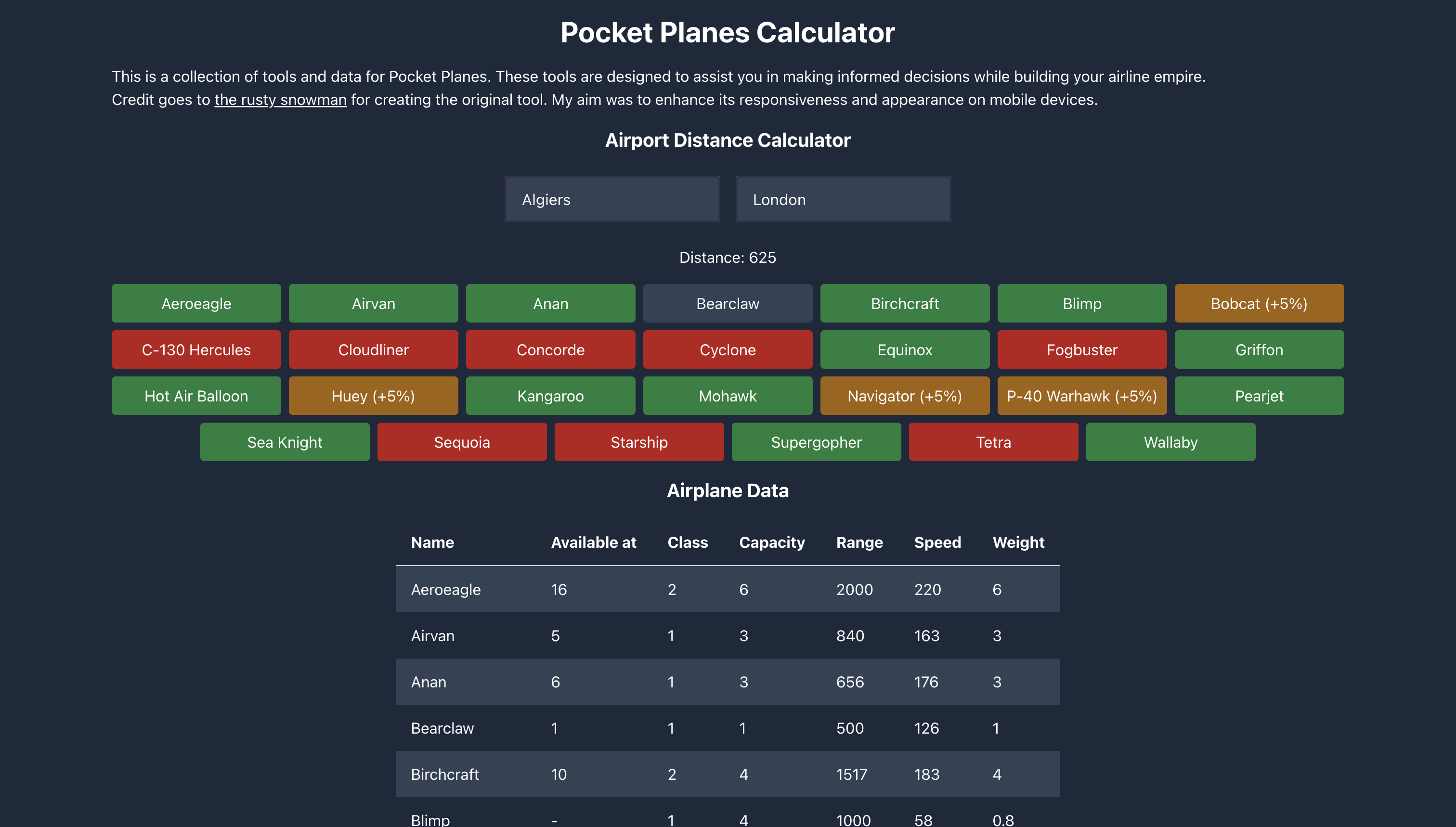 Pocket Planes Calculator desktop view